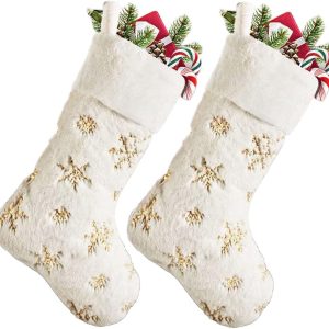 White Plush Christmas Stockings 2 Pack, 18" Gold Snowflake Sequin Embroidered Fireplace Hanging Stockings Set for Christmas Decoration