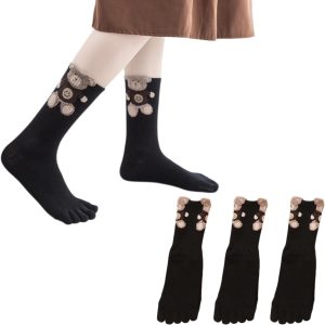Cute Floral & Bear Five Toe Socks, 3 Pairs Novelty Patterned Finger Socks, Breathable Cotton Crew Socks for Women