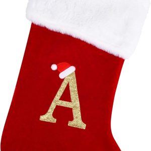 20 Inches Monogram Christmas Stockings with Letters, Large Super Soft Christmas Stockings Red Velvet with White Super Soft Plush Cuff for Christmas Xmas Tree Holiday Fireplace (A)