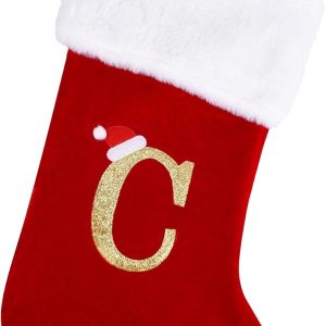 20 Inches Monogram Christmas Stockings with Letters, Large Super Soft Christmas Stockings Red Velvet with White Super Soft Plush Cuff for Christmas Xmas Tree Holiday Fireplace (C)
