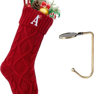 Christmas Stockings with Initials, Letter A Embroidered Xmas Stockings, 18" Large Monogram Knitted Xmas Stocking, Christmas Party Fireplace Family Hanging Stocking Decorations(1 Pack, Red)