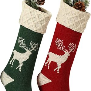 Christmas Stockings,Big Size 2Pack 18-Inch Extra Long Hand-Knitted Red/Green Reindeer Snowflakes Xmas Character for Family Holiday Season Decor