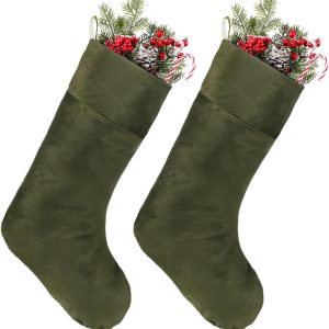 2 Pieces Christmas Velvet Stocking 10 x 19 Inch Xmas Hanging Stockings Sock for Fireplace Christmas Tree Ornament Holiday Season Party Decorations (Green)
