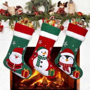 Christmas Stockings 3 Pack 19" Large Traditional Red and Green Christmas Stockings Classic Santa Snowman Reindeer Xmas Stockings Fireplace Holiday Christmas Decoration Gifts for Family Kids