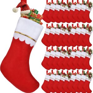 36 Pcs 17" Felt Christmas Stocking Bulk, Red Christmas Socks Bulk with White Cuff Golden Trim, Christmas Hanging Ornaments Xmas Decoration for Mantel Door Window Holiday Home Décor