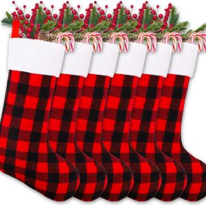 6 Pack 22 Inches Christmas Stockings, Xmas Large Black Red Buffalo Plaid Hanging Stockings Decorations for Christmas Tree Fireplace Family Holiday Party Decor