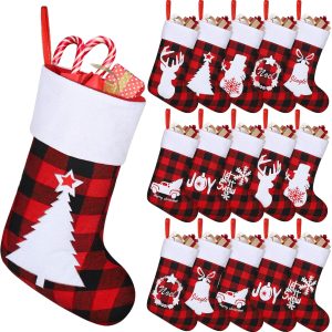 16 Pack Felt Christmas Stockings 18 Inches Red Black Buffalo Plaid Xmas Fireplace Hanging Stockings with Santa Snowman Reindeer Pattern Holiday Hanging Decorations for Christmas Party Favors