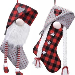21 Inch Christmas Gnome Stockings Decorations, 2 Pack Fabric Red Gray Tartan Cute Stocking with Name Tag, Valentine Day Gifts for Gnomes Lover and Women